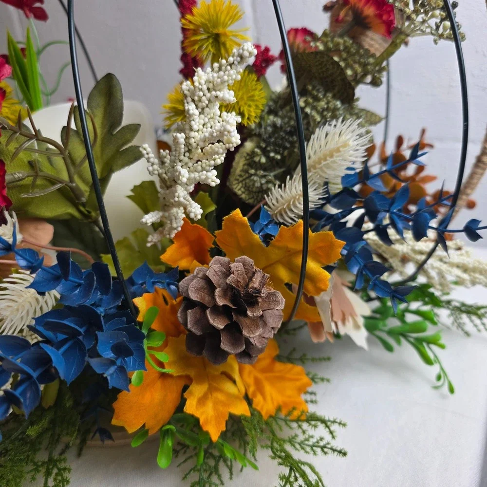 Rustic Fall Wire 3D Pumpkin Centerpiece Faux Florals Flameless Candle